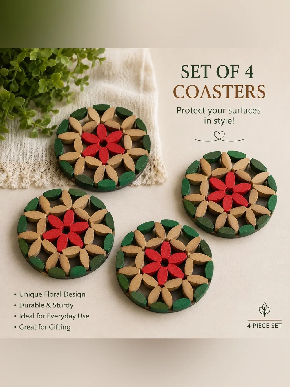 Vintage Style Floral Wooden Coasters – Set of 4
